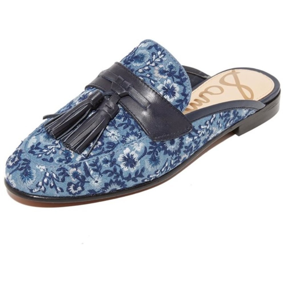 Sam Edelman Paris Embroidered Tassel Mules in Blue Floral